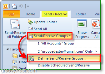 Captura de pantalla de Outlook 2010 - enviar y recibir grupos - definir grupos