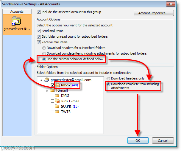 Скріншот Outlook 2010 - вхідні> </center> використаннявласна поведінка> завантажте повний елемент "width =" 608 ″ height = "509 ″ border =" 0 ″> </p> <p> Тепер Outlook синхронізується з Gmail та завантажить усі ваші елементи IMAP у повному обсязі. Цей процес може зайняти деякий час, якщо ви маєте повну папку "Вхідні", але терпіння нерозумно. </p> <div class =