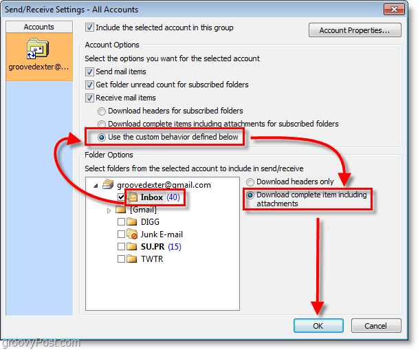 Скрийншот на Outlook 2010 - входяща кутия> </center>персонализирано поведение> изтеглете цял елемент "width =" 608 ″ height = "509 ″ border =" 0 ″> </p> <p> Сега Outlook ще се синхронизира с Gmail и ще изтегли всичките ви IMAP елементи в тяхната цялост. Този процес може да отнеме известно време, ако имате пълна входяща кутия, но търпението е наситено. </p> <div class =