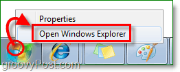 norėdami įeiti į „Windows 7“ naršyklę, dešiniuoju pelės mygtuku spustelėkite pradžios orb ir spustelėkite atidaryti „Windows Explorer“