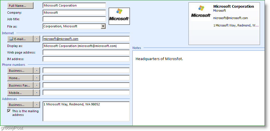 Microsoft Outlook 2007 Contact