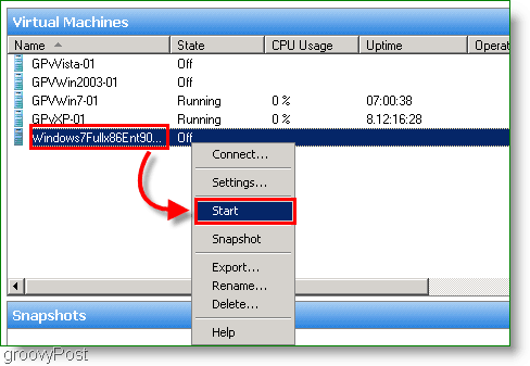 o menu de contexto de máquinas virtuais para avaliação do windows 7