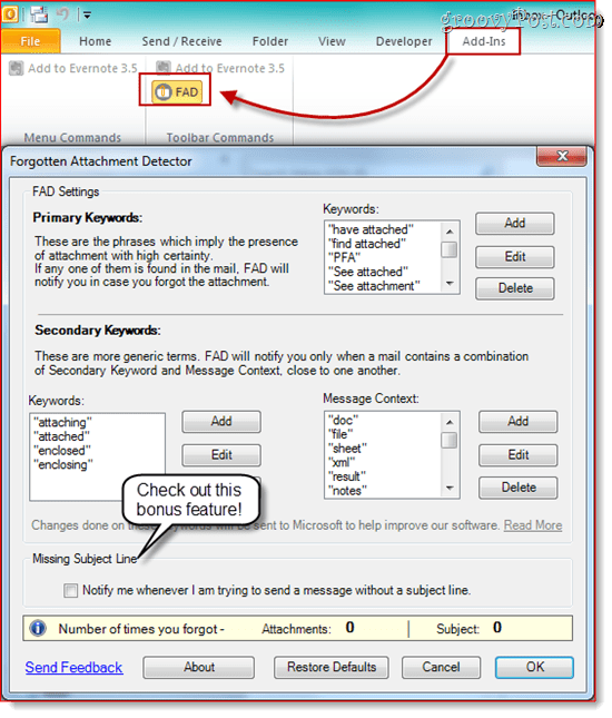 Glemt vedhæftelsesdetektor til Microsoft Outlook