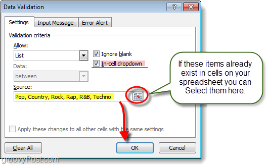 establecer el contenido del menú desplegable en Excel 2010