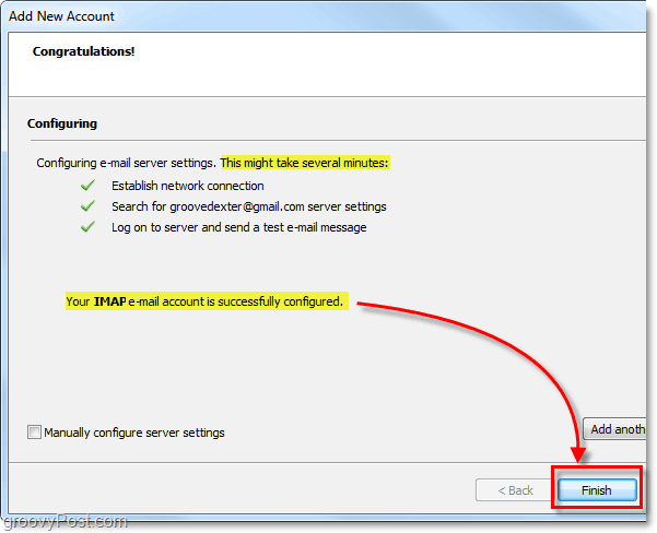 po nakonfigurovaní e-mailového účtu IMAP kliknite na tlačidlo Dokončiť