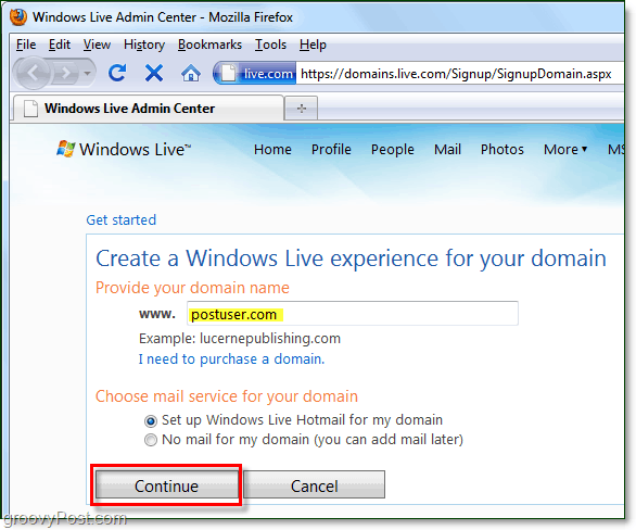 предоставете името на вашия домейн на Windows Live