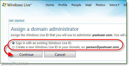 maak een Windows Live-domeinbeheerderaccount of gebruik een huidig ​​live-account