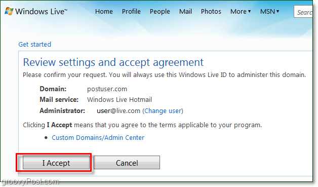 lees en accepteer de e-mailovereenkomst van Windows Live Domain