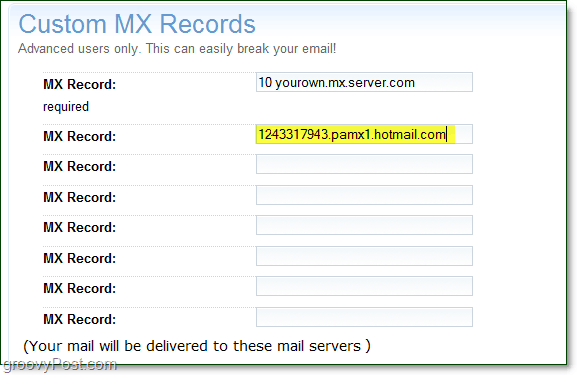 voorbij uw live services mx-serverinformatie op uw domeinpagina met geavanceerde opties voor aangepaste mx-records