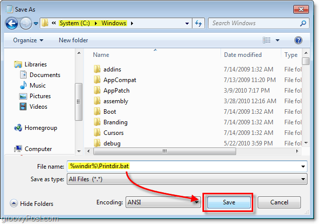 sla het bestand op als printdir.bat in uw Windows-map