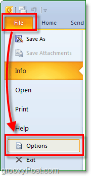 în Microsoft Outlook 2010, faceți clic pe panglica fișierului pentru a intra în fundal, apoi faceți clic pe butonul de opțiuni