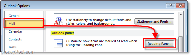 „Outlook“ 2010 parinkčių meniu spustelėkite paštas, tada spustelėkite skaitymo sritį