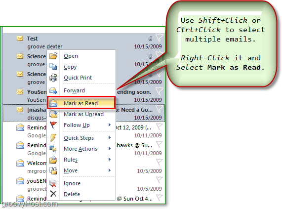 เลือกอีเมลหลายฉบับและทำเครื่องหมายอีเมลหลายฉบับว่าอ่านแล้วหรือยังไม่ได้อ่านใน outlook office 2010