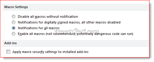 Macro-indstillinger i Outlook 2010