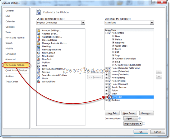 Vis fanen Developer i Outlook 2010