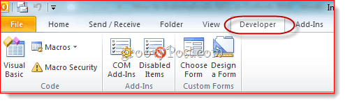Vis fanen Developer i Outlook 2010