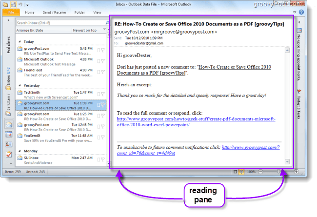 Il riquadro di lettura di Outlook 2010 visualizza i messaggi di posta elettronica