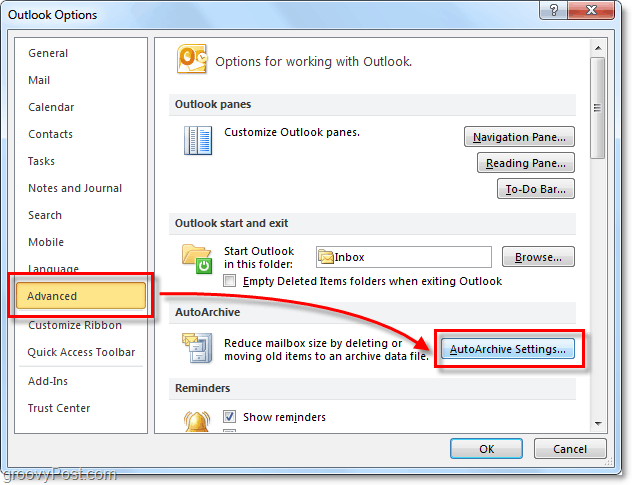 מתקדם> הגדרות Autoarchive ב- Outlook 2010