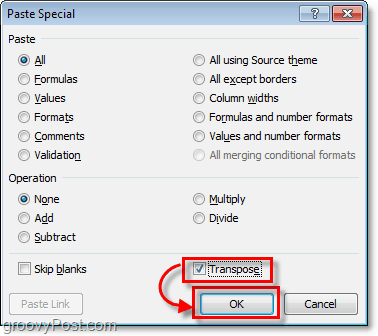 בחירת טרנספר ב- Excel 2010 להדביק