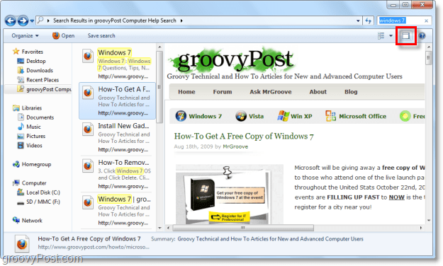 folosiți panoul de previzualizare Windows 7 pentru a vizualiza site-urile prin conectorul de căutare din fereastra de explorator