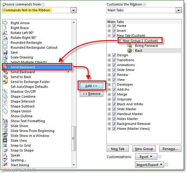 добавете команди към лентата в Office 2010