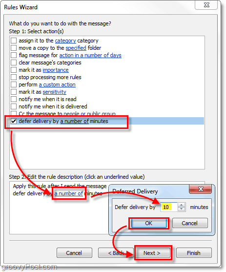 adiar a entrega por um número x de minutos do Outlook 2010