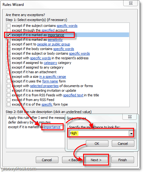 tilføj meddelelser med høj prioritet i Outlook 2010 som en undtagelse