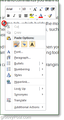 kliknij menu kontekstowe prawym przyciskiem myszy w programie Word 2010