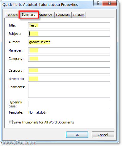 på fliken sammanfattning kan du redigera avancerade dokumentegenskaper i Word 2010