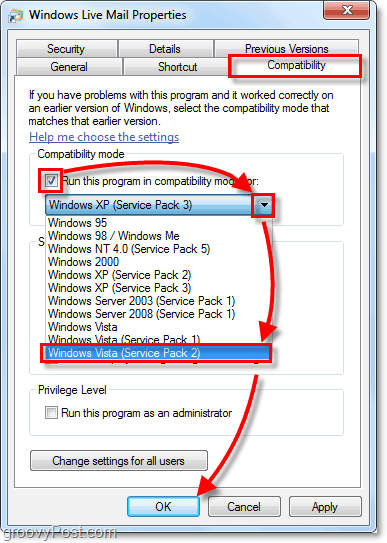 โหมดความเข้ากันได้ของ Windows Live Mail vista