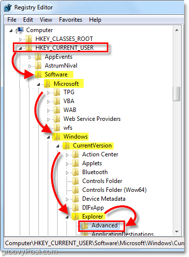 accédez à la clé de registre HKEY_CURRENT_USERSoftwareMicrosoftWindowsCurrentVersionExplorerAdvanced Windows 7