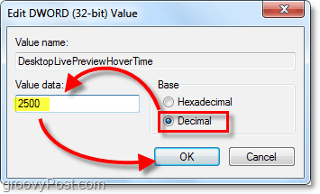 ajustez les propriétés de dword à Decimal et les données de valeur à 2500 pour Windows 7 DesktopLivePreviewHoverTime