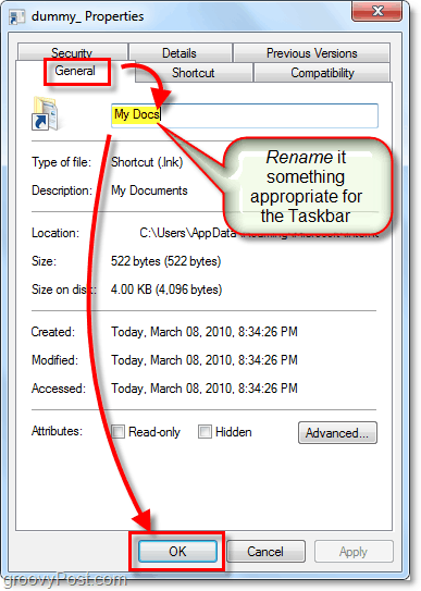 cambiar el nombre de un acceso directo de la barra de tareas de Windows 7