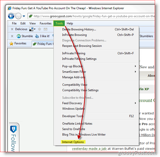 IE 8 Alati, izbornik Internet mogućnosti