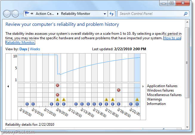 날짜를 보면서 Windows 7의 문제가 처음 시작되는시기를 찾으십시오.