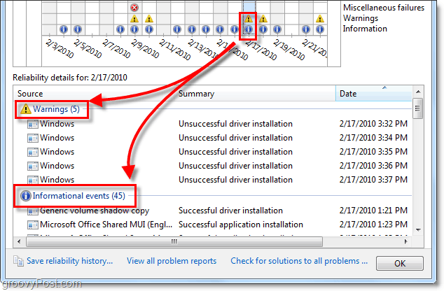 visualizar problemas de confiabilidade do Windows 7 e mensagens informativas