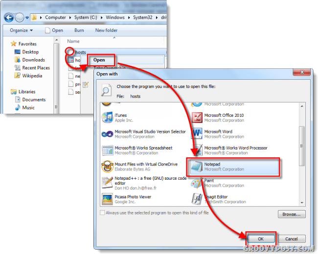 ouvrir les hôtes dans le bloc-notes windows 7