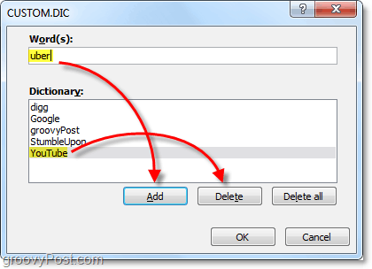 เพิ่มหรือลบคำจากไฟล์พจนานุกรมที่กำหนดเองของ office 2010