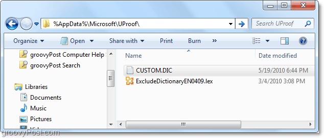 ตำแหน่งที่แท้จริงของไฟล์ custom.dic ของ office 2010