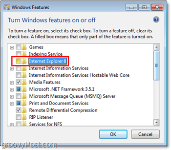 kliknite a zrušte začiarknutie políčka Internet Explorer 8 a odstráňte ho