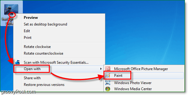 faites un clic droit sur votre image dans Windows 7, puis sélectionnez ouvrir avec de la peinture