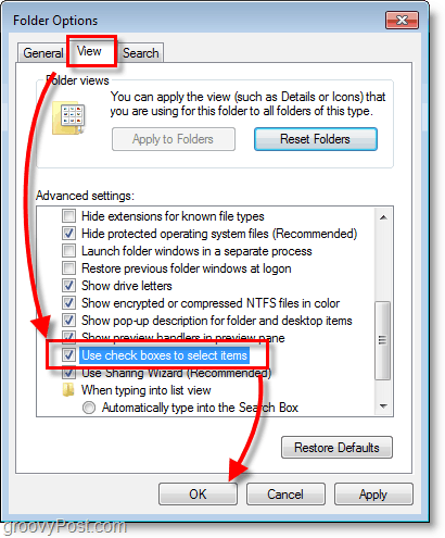 Windows 7-skærmbillede - mappeindstillinger se og afkrydsningsfelter for at vælge emner