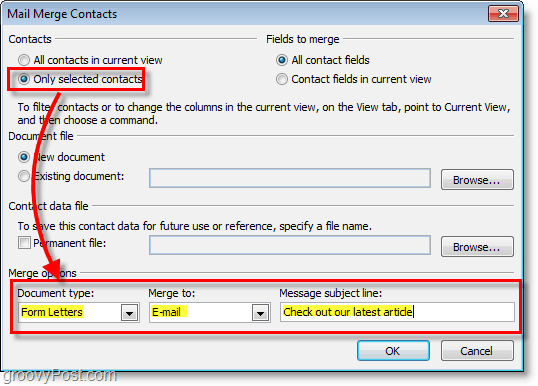 ภาพหน้าจอของ Outlook 2010 - ตรวจสอบให้แน่ใจว่าตัวเลือกนั้นถูกต้องภายใต้ที่ติดต่อจดหมายเวียน