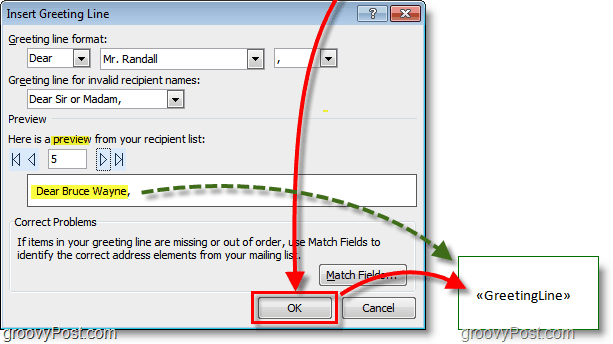 ภาพหน้าจอของ Outlook 2010 - ออกจากตัวเลือกบรรทัดคำทักทายเริ่มต้นแล้วคลิกตกลงภาพตัวอย่างก็จะปรากฏขึ้นเช่นกัน