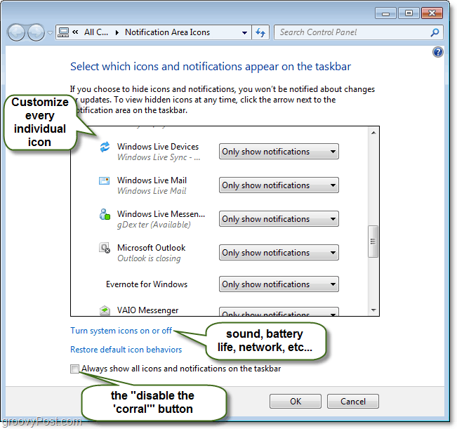 Windows 7 시스템 트레이 알림 제어판 사용자 정의