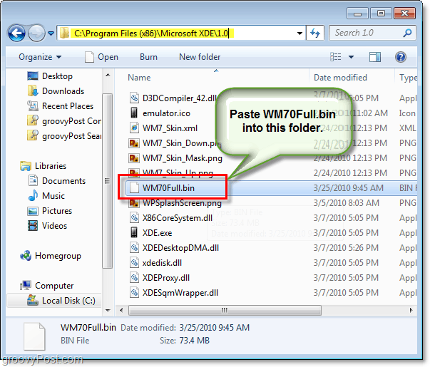 วาง wm70full.bin ไปยังโฟลเดอร์ Microsoft XDE