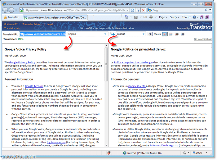 side om side språkoversettelse sammenligning via Office 2010