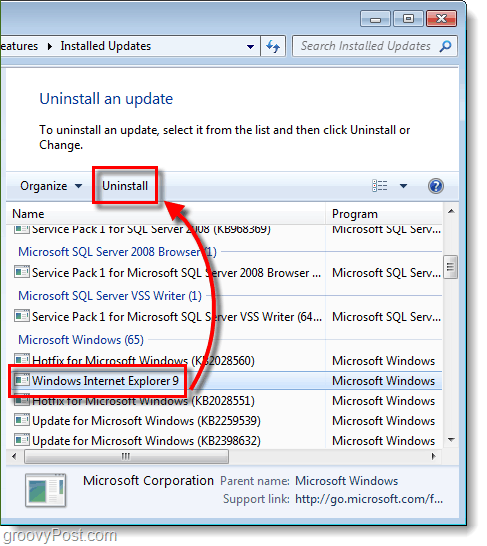 इंटरनेट एक्सप्लोरर 9 अपडेट को अनइंस्टॉल करें