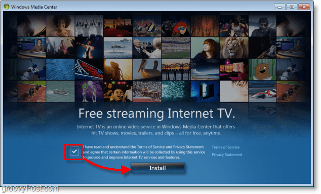 Windows 7 Media Center ToS'u ve gizlilik kabulünü kontrol edin ve yükle'yi tıklayın