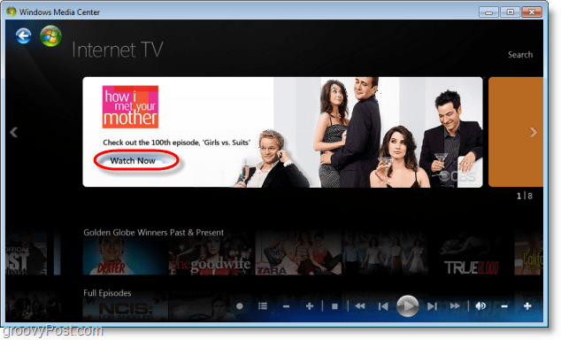 Windows 7 Media Center - şovları görüntülemek veya göz atmak için şimdi izle'yi tıklayın 